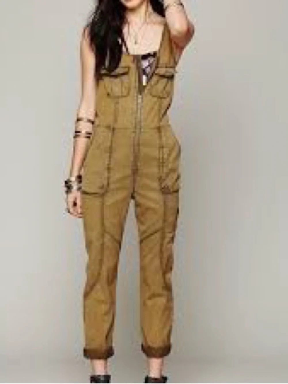 Free People 2013 Tencel Utility Ginger Jumpsuit Backless Zip Front Olive Green